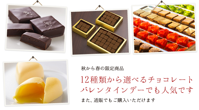 秋から春の限定商品 12種類から選べるチョコレートバレンタインデーでも人気です また、通販でもご購入いただけます